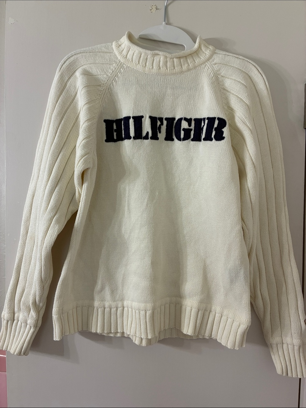 Tommy Hilfiger Cream Crewneck Sweater with Navy Logo